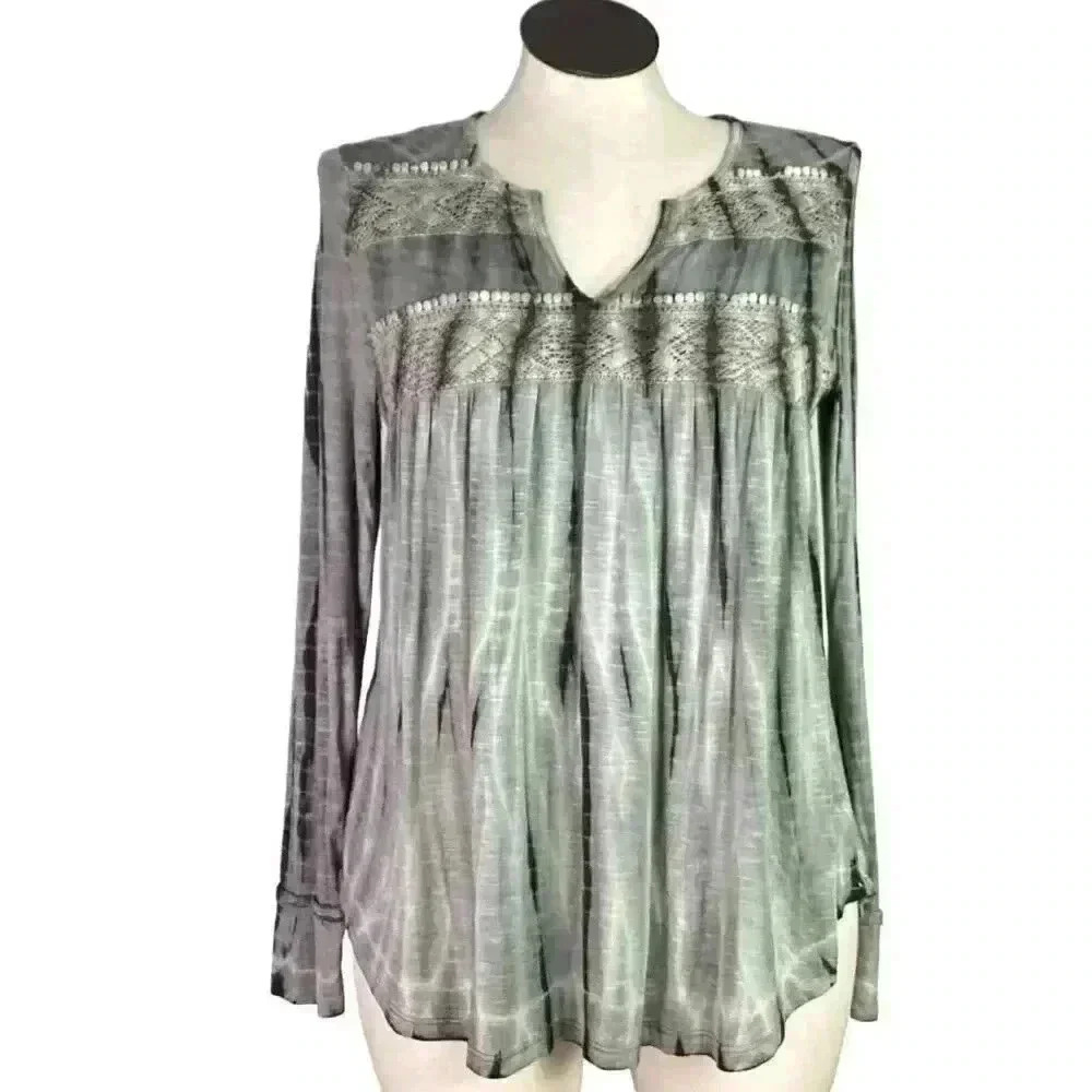 Knox Rose Womens Large Boho Pullover Long Sleeve T-shirt Top Gray Tie Dye Lace